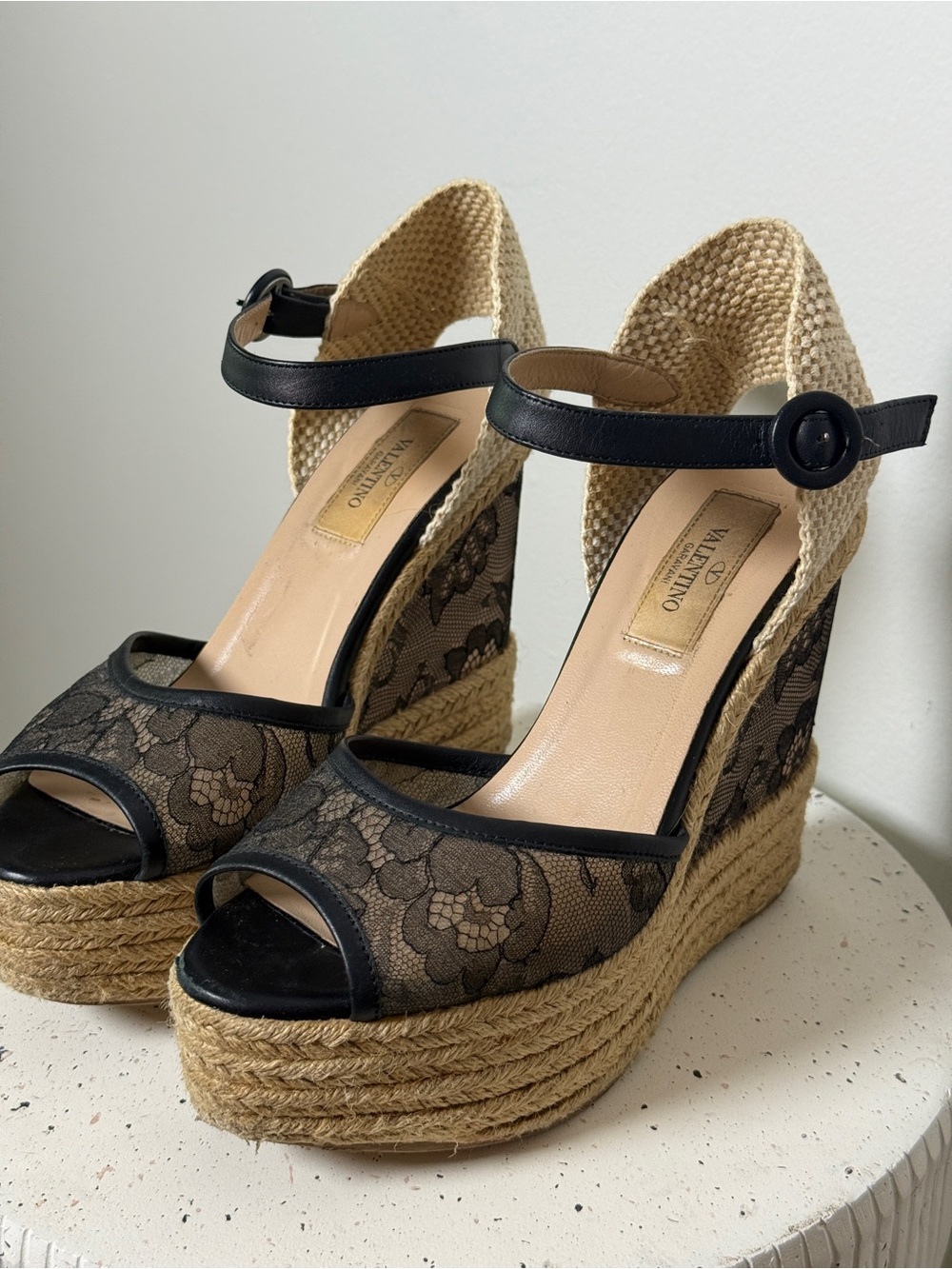 Valentino Garavani Lace Espadrille Wedge Sandals Black Nude Size 37